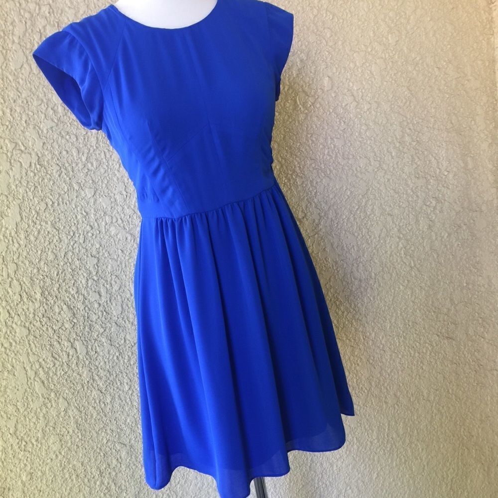 Rebecca Taylor Mini Dress Size 0 Royal Blue Fit & Flare Short Sleeve Zip Back - Picture 4 of 10